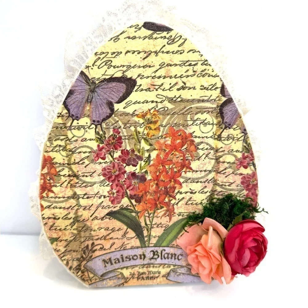 NEW Floral Decorative Easter Egg Plaque with Butterflies and Roses Lace Trim